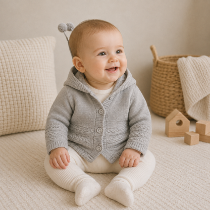 Baby Strickjacke Kapuze Bommel