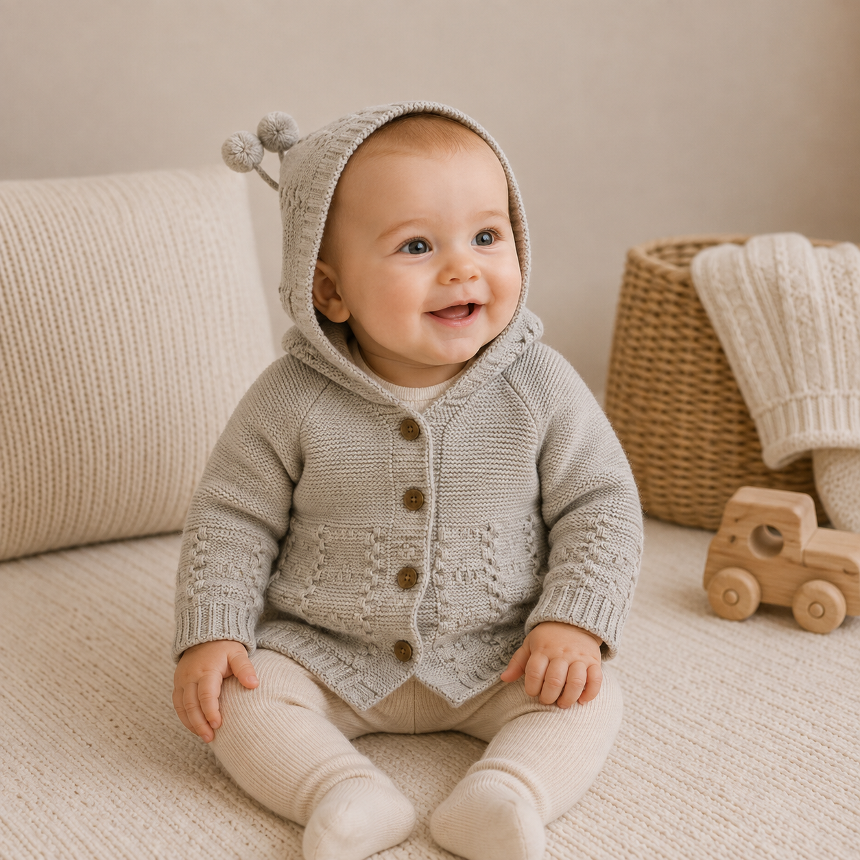 Baby Strickjacke Kapuze Bommel