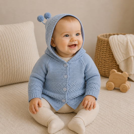 Baby Strickjacke Kapuze Bommel
