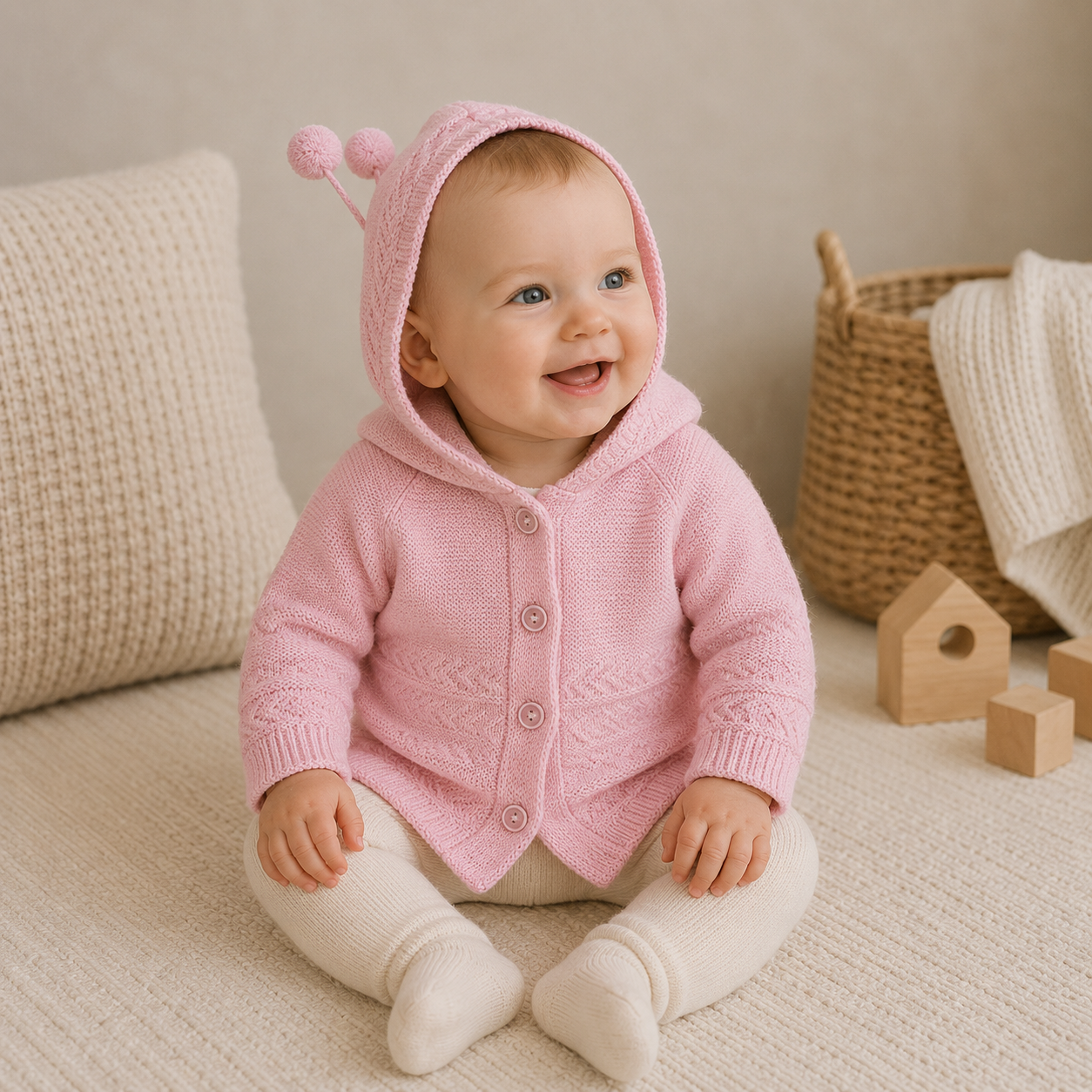 Baby Strickjacke Kapuze Bommel