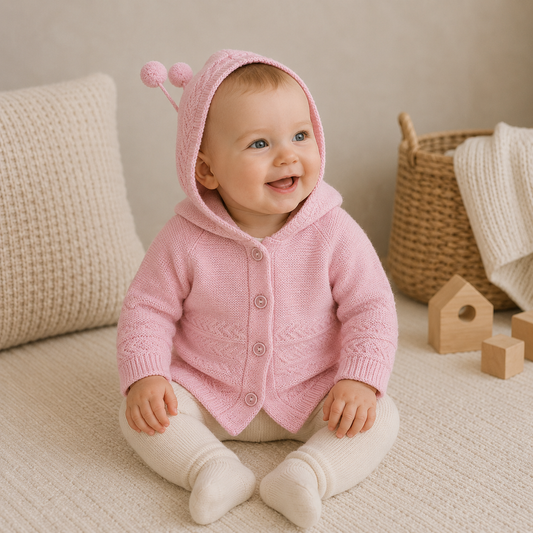 Baby Strickjacke Kapuze Bommel