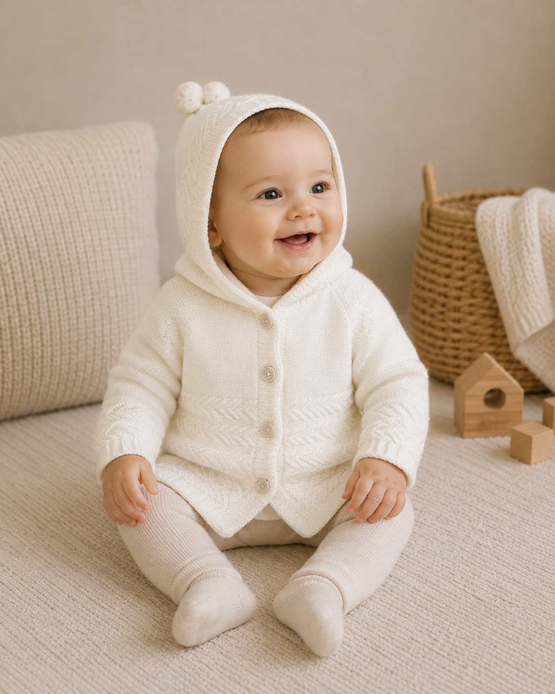 Baby Strickjacke Kapuze Bommel