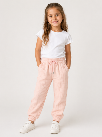 Rosa Mädchenhose aus Musselinstoff – weich & luftig 🌸👖