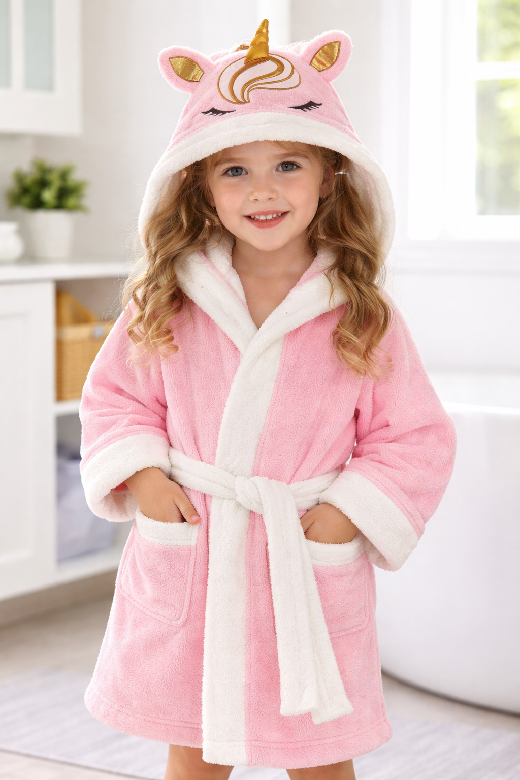 Mädchen Bademantel mit 3D Einhorn-Kapuze – rosa, super weich