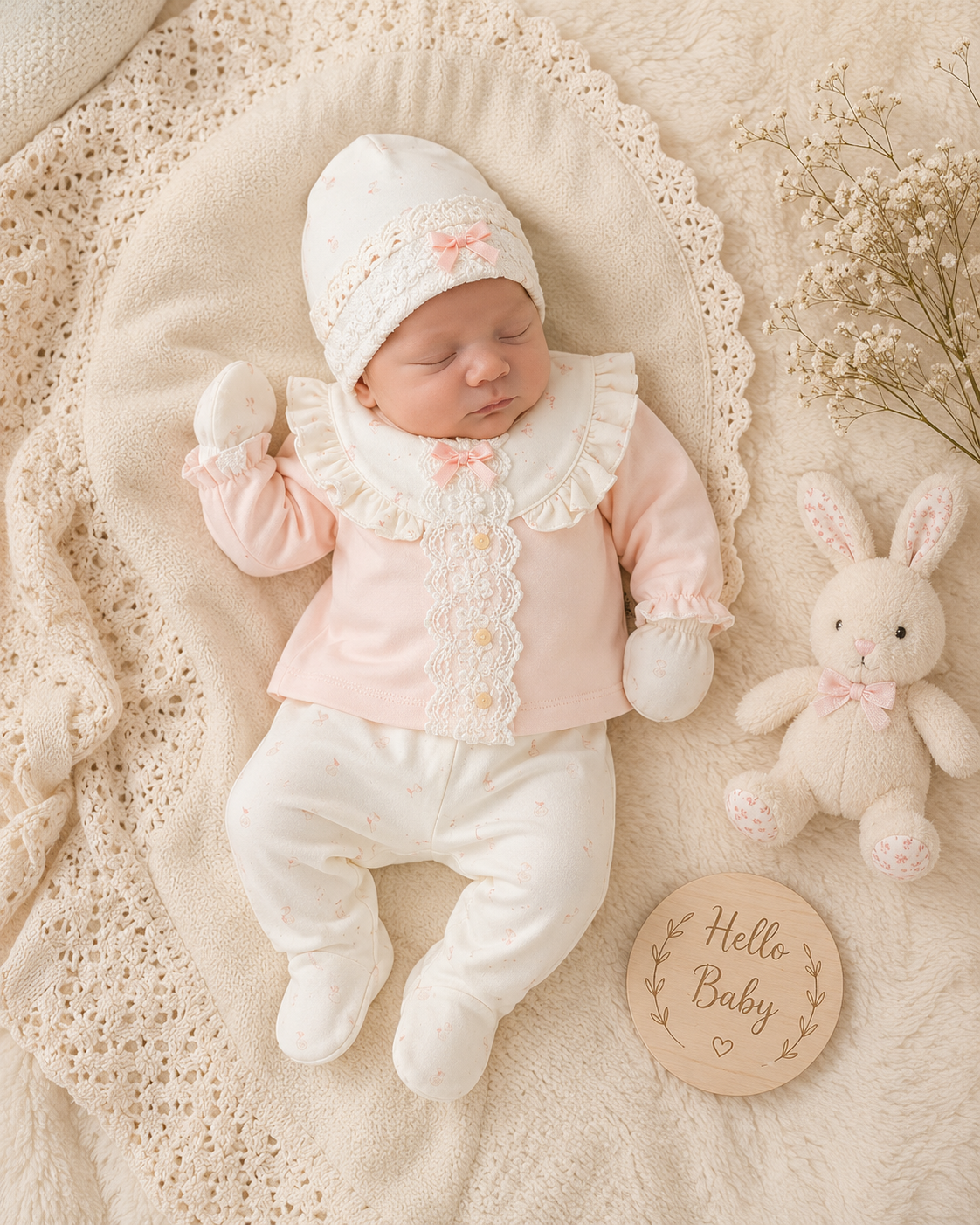 Baby Erstlingsset Rüschen Beige oder Rosa