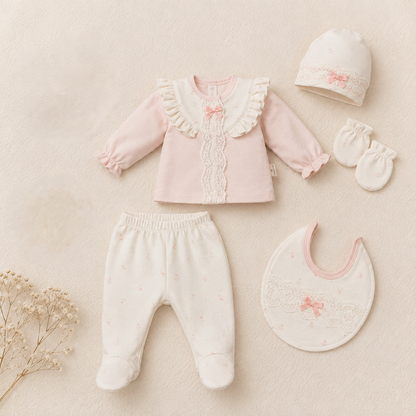 Baby Erstlingsset Rüschen Beige oder Rosa