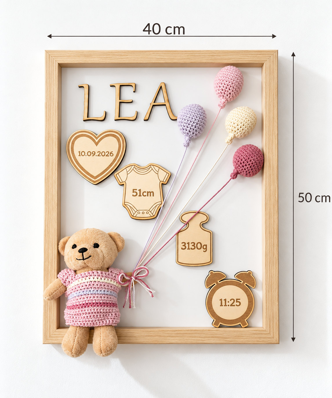 Personalisierter Baby Erinnerungsrahmen – Geburtsdaten & Name | 40 × 50 cm