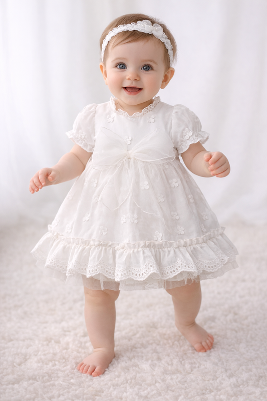 Baby Mädchen Kleid mit Schleife & Spitzen-Details in Weiß