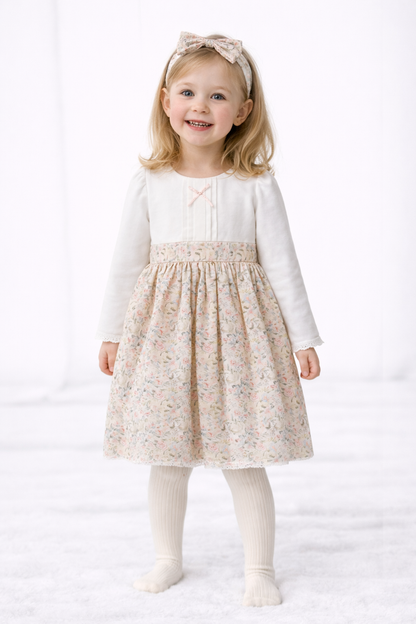 Mädchen Kleid mit Blumenrock & Haarreifen – langarm in Creme & Pastellblumen