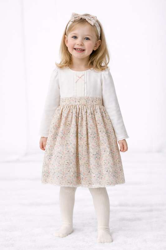 Mädchen Kleid mit Blumenrock & Haarreifen – langarm in Creme & Pastellblumen