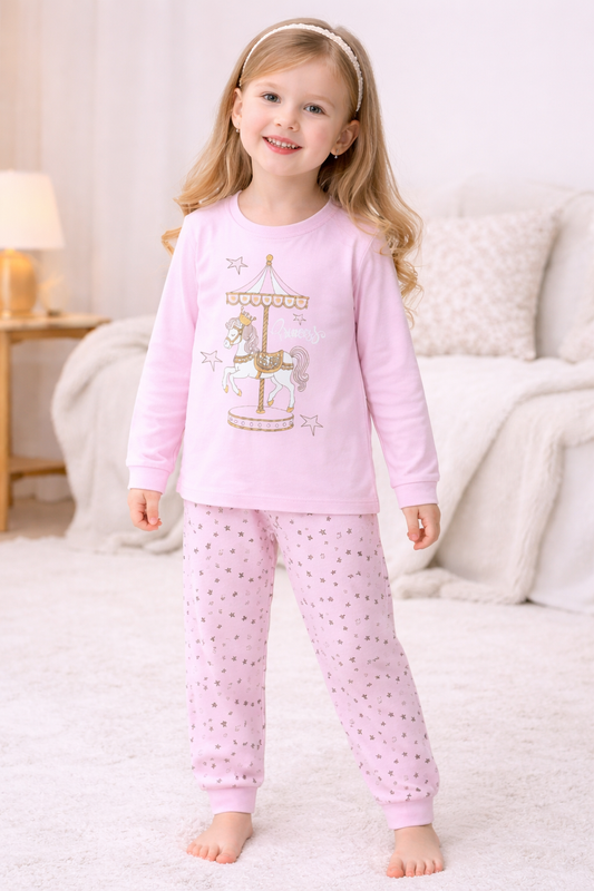 Zweiteiliger Mädchen-Pyjama mit Karussell-Pferd – 100% Baumwolle & super bequem