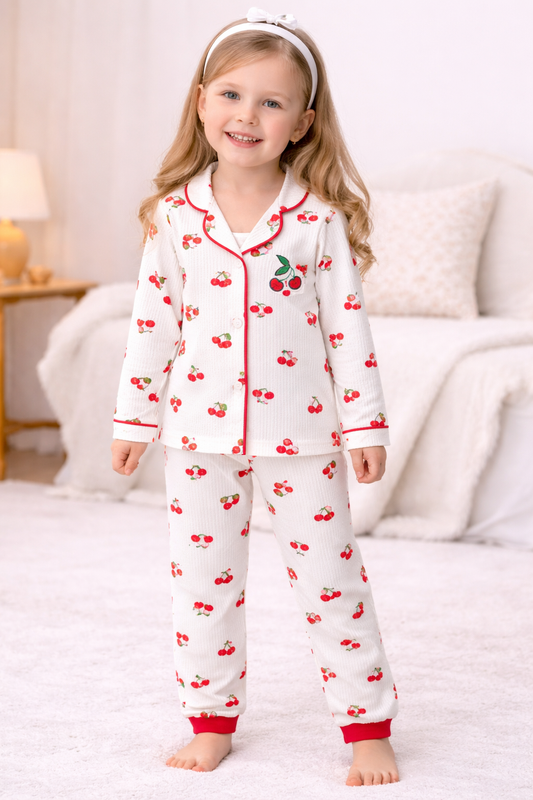Kinder Pyjama Set mit Kirschen 🍒 | Zweiteiliger Schlafanzug Mädchen (Gr. 86–116)