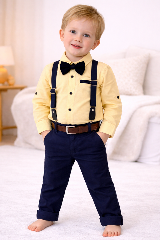Jungen Kombiset Gelbes Hemd mit Fliege & Hosenträger