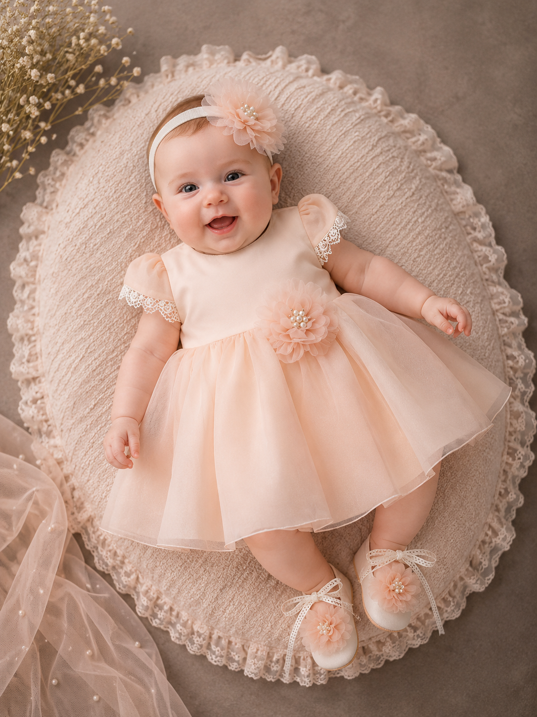 Elegantes Baby Mädchen Kleid Set – Festliches Kleid mit Stirnband & Schuhen | Taufkleid / Festkleid