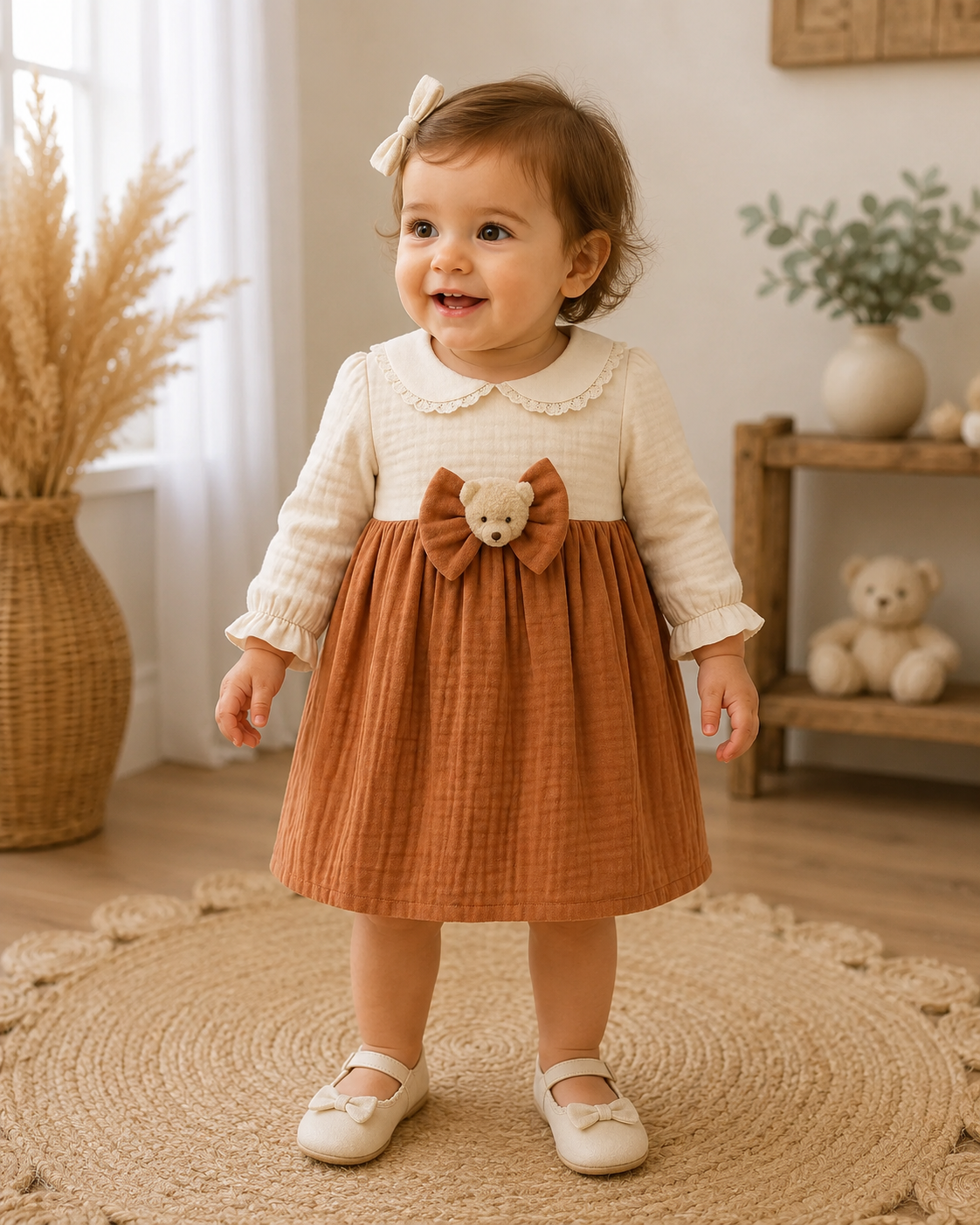 Baby Mädchen Kleid aus Musselin – Mit Schleife & Teddybär-Deko | 100% Baumwolle | 2 Farben