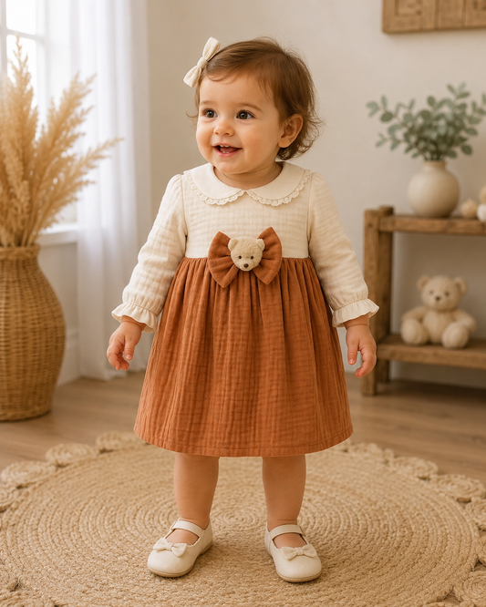 Baby Mädchen Kleid aus Musselin – Mit Schleife & Teddybär-Deko | 100% Baumwolle | 2 Farben