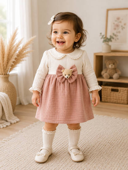 Baby Mädchen Kleid aus Musselin – Mit Schleife & Teddybär-Deko | 100% Baumwolle | 2 Farben