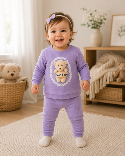 2-teiliges Babyset mit Teddybär-Applikation – Lila | Weiches Outfit für Mädchen