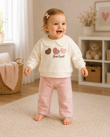 2-teiliges Baby Mädchen Set mit Herzmotiv & Kragen – Creme & Rosa