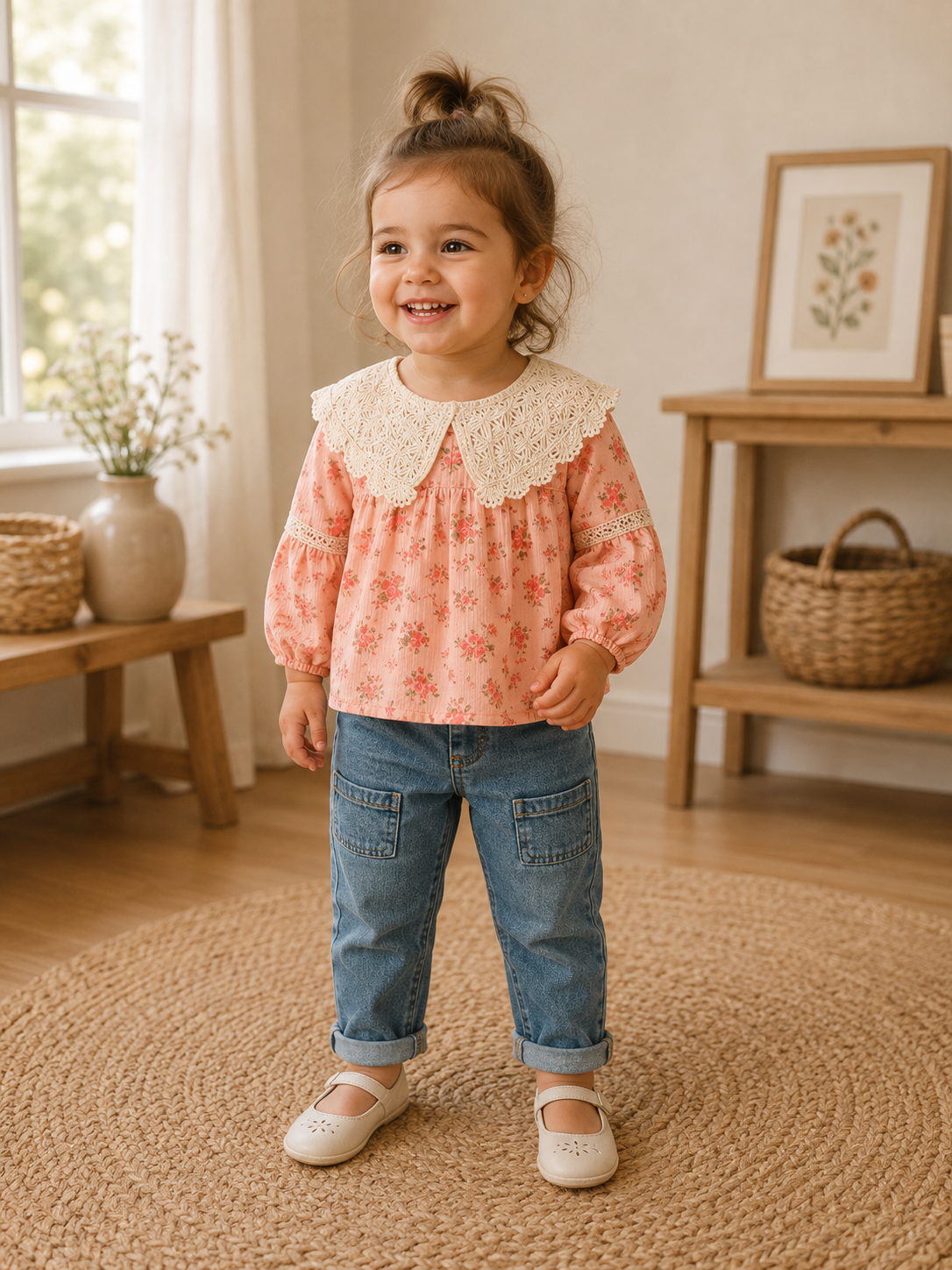 Mädchen 2-teiliges Set – Bluse mit Häkelkragen & Jeanshose | 100% Baumwolle