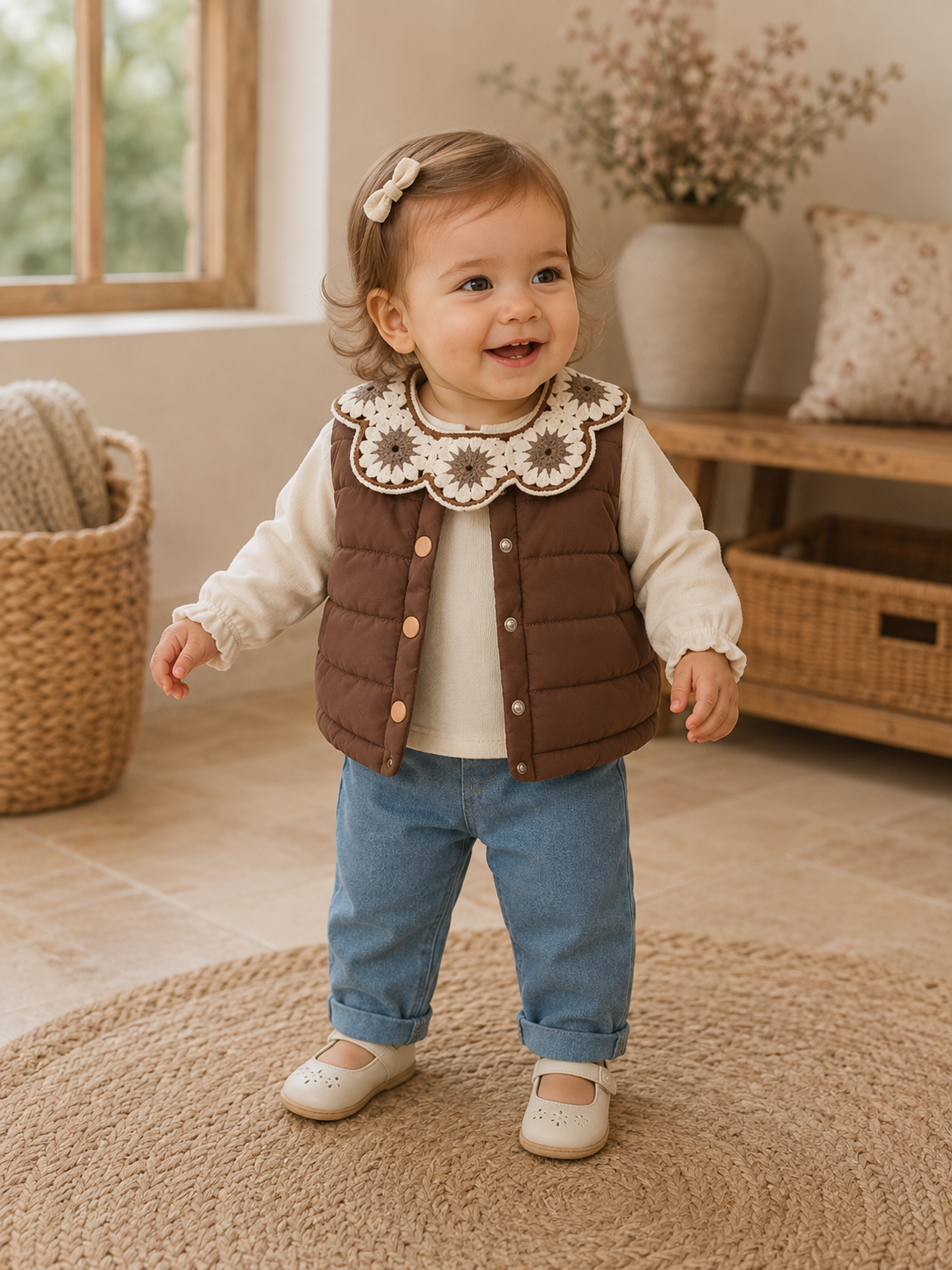 Mädchen 3-teiliges Outfit – Bluse mit Stickerei, Weste & Hose | Herbst-Look