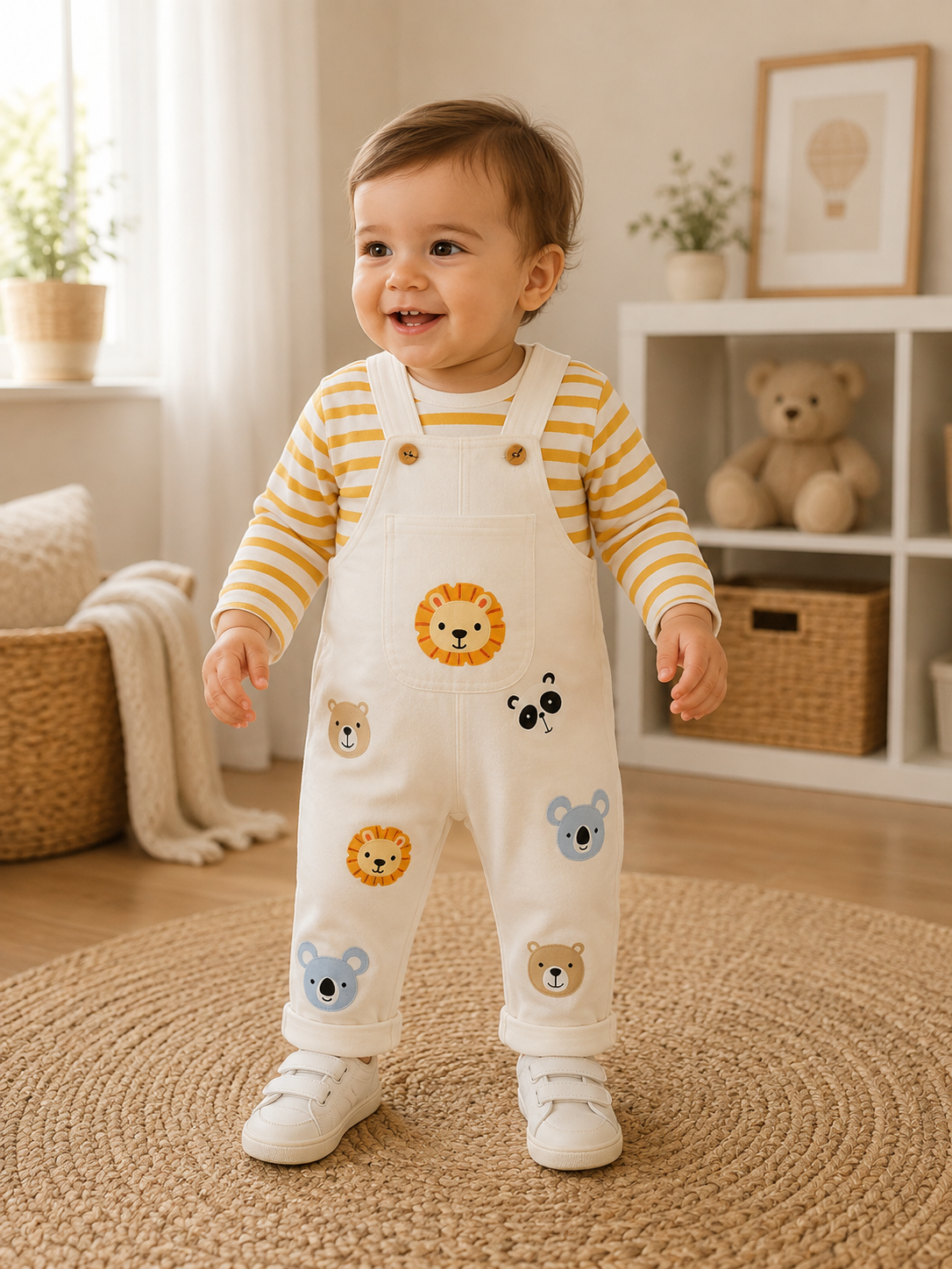 Baby 2-teiliges Set – Latzhose mit Tiermotiven & gestreiftes Langarmshirt | 100% Baumwolle