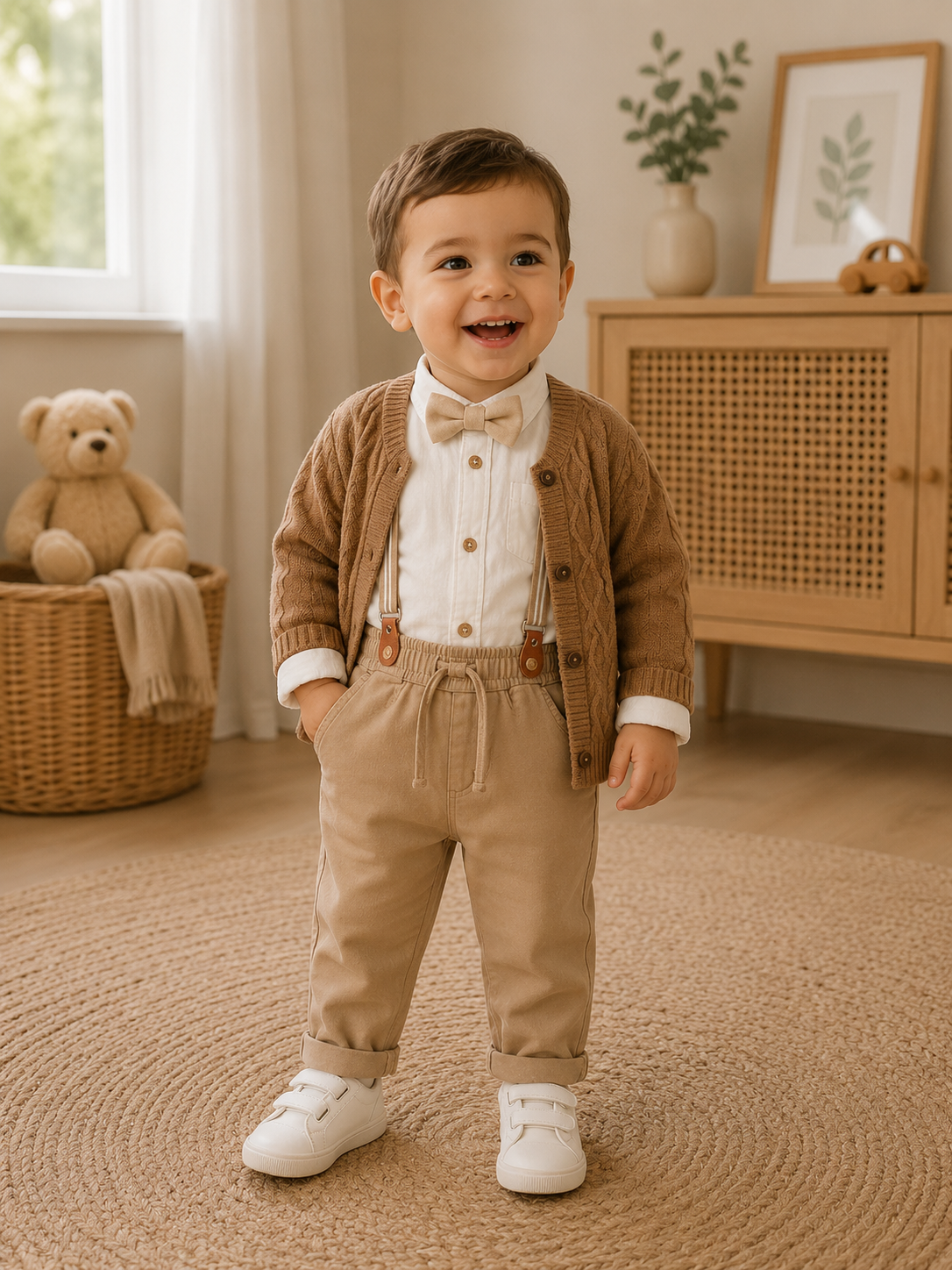 Elegantes 5-teiliges Baby Jungen Set – Hose, Hemd, Hosenträger, Fliege & Strickjacke 👶✨