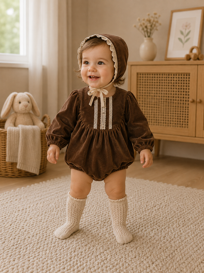 Süßes 3-teiliges Baby Mädchen Set aus Samt | Strampler, Mütze & Strümpfe