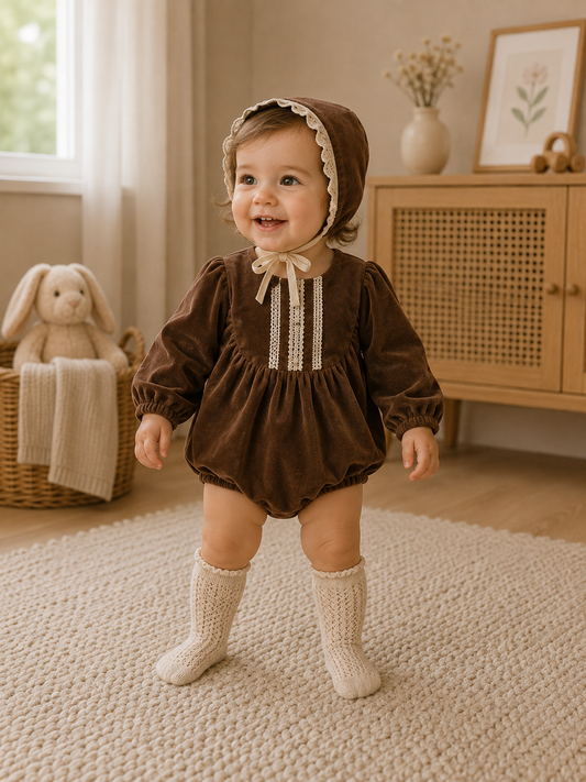 Süßes 3-teiliges Baby Mädchen Set aus Samt | Strampler, Mütze & Strümpfe