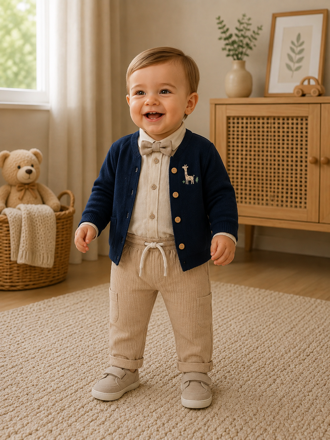 Elegantes 4-teiliges Babyjungen-Set mit Stoffhose, Strickweste, Musselinhemd & Fliege