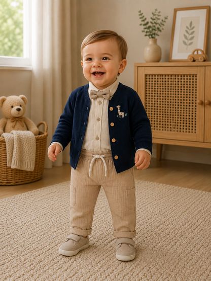 Elegantes 4-teiliges Babyjungen-Set mit Stoffhose, Strickweste, Musselinhemd & Fliege