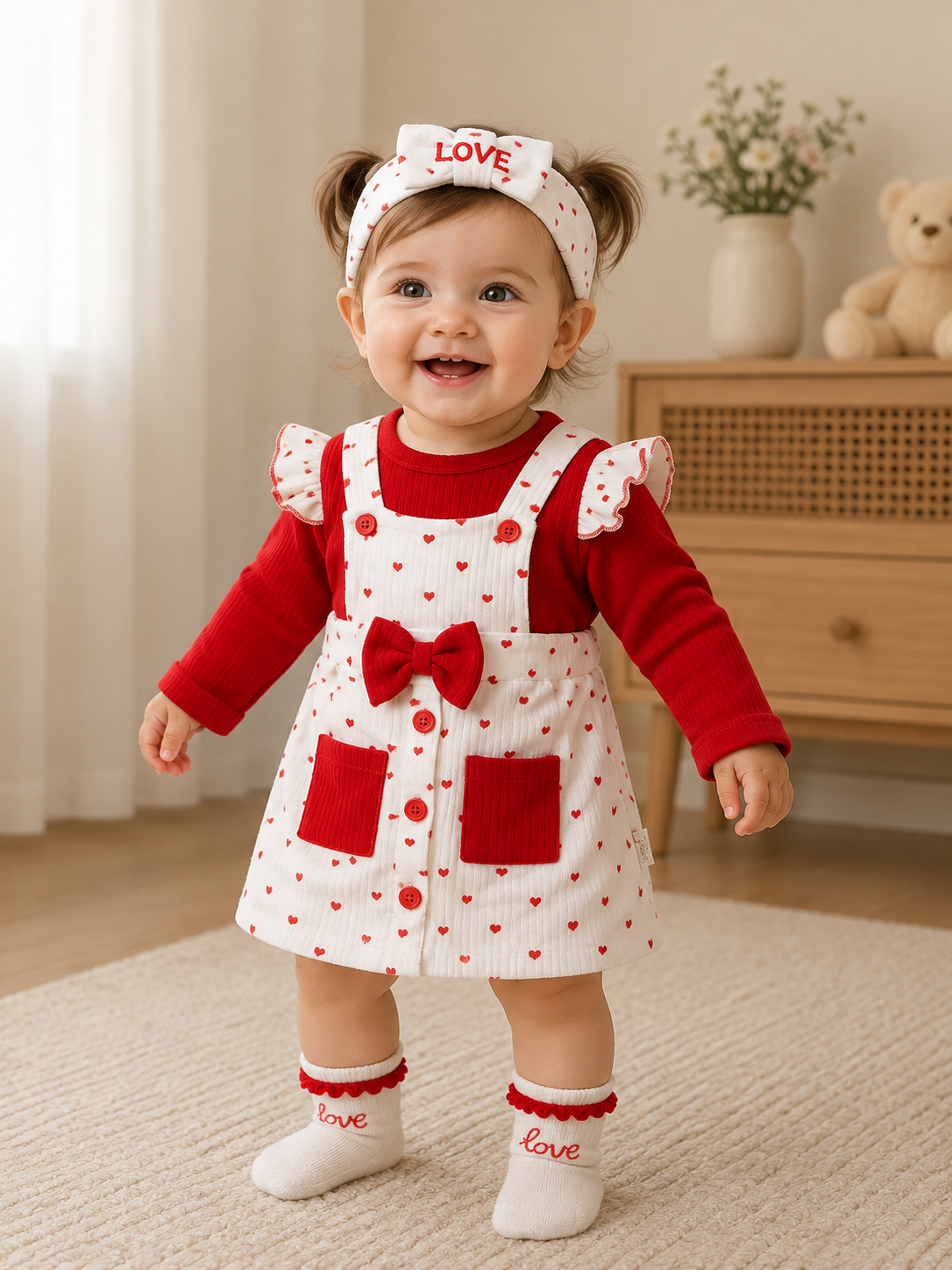 Baby Mädchen 4-teiliges Set – Herzchen Latzkleid mit Oberteil, Stirnband & Socken