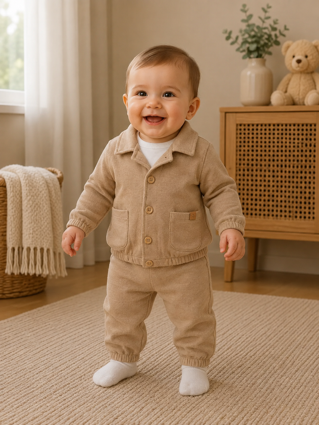 Baby Jungen Set – 3-teilig | Jacke, Langarmshirt & Hose in Beige