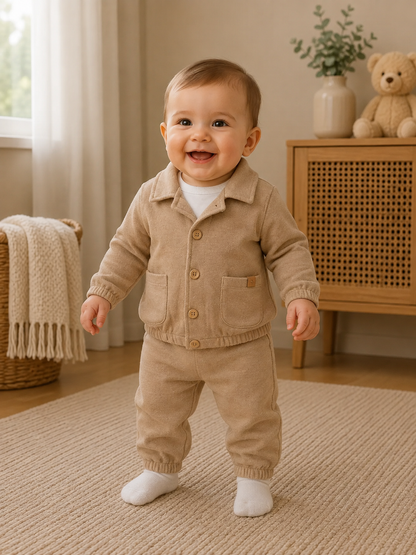 Baby Jungen Set – 3-teilig | Jacke, Langarmshirt & Hose in Beige