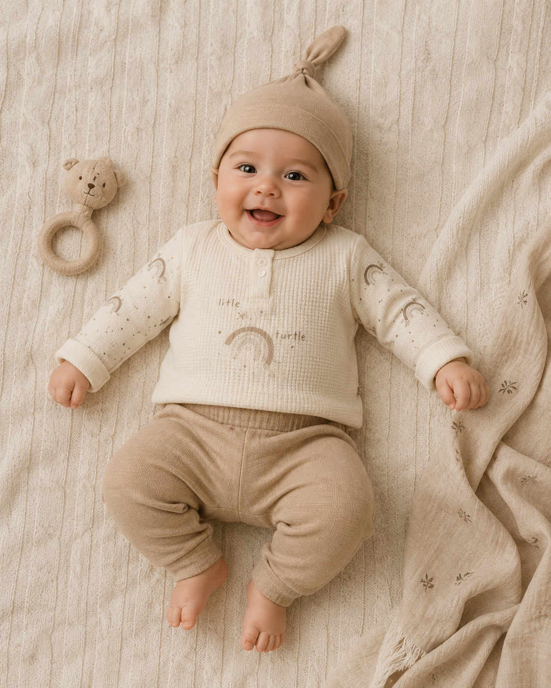 3-teiliges Baby-Outfit mit Mütze – kuschelig & natürlich 🌈🤍