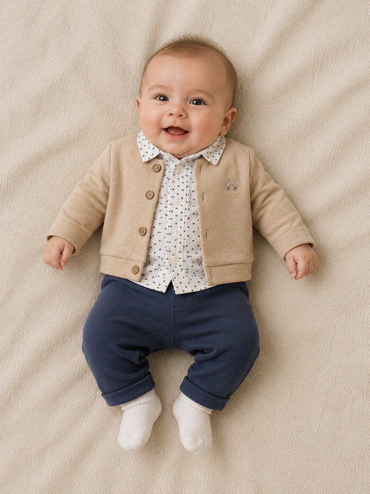 Baby Outfit 3-teilig – Jacke, Hemd & Hose Beige/Blau
