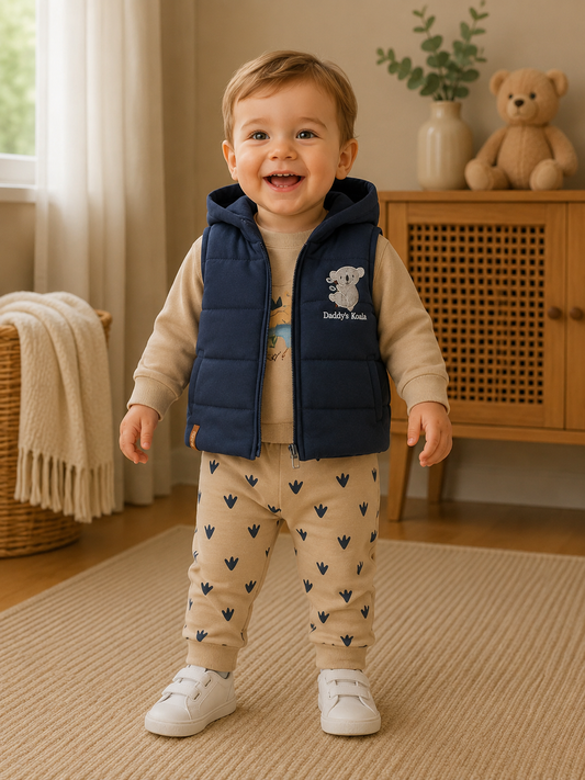 Baby Outfit 3-teilig – Weste, Pullover & Hose „Daddy’s Koala“ Beige/Marineblau