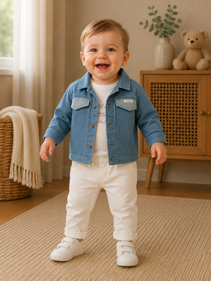 Baby Jungen Outfit Set – Jeansjacke, T-Shirt & Hose in Weiß-Blau (3-teilig)
