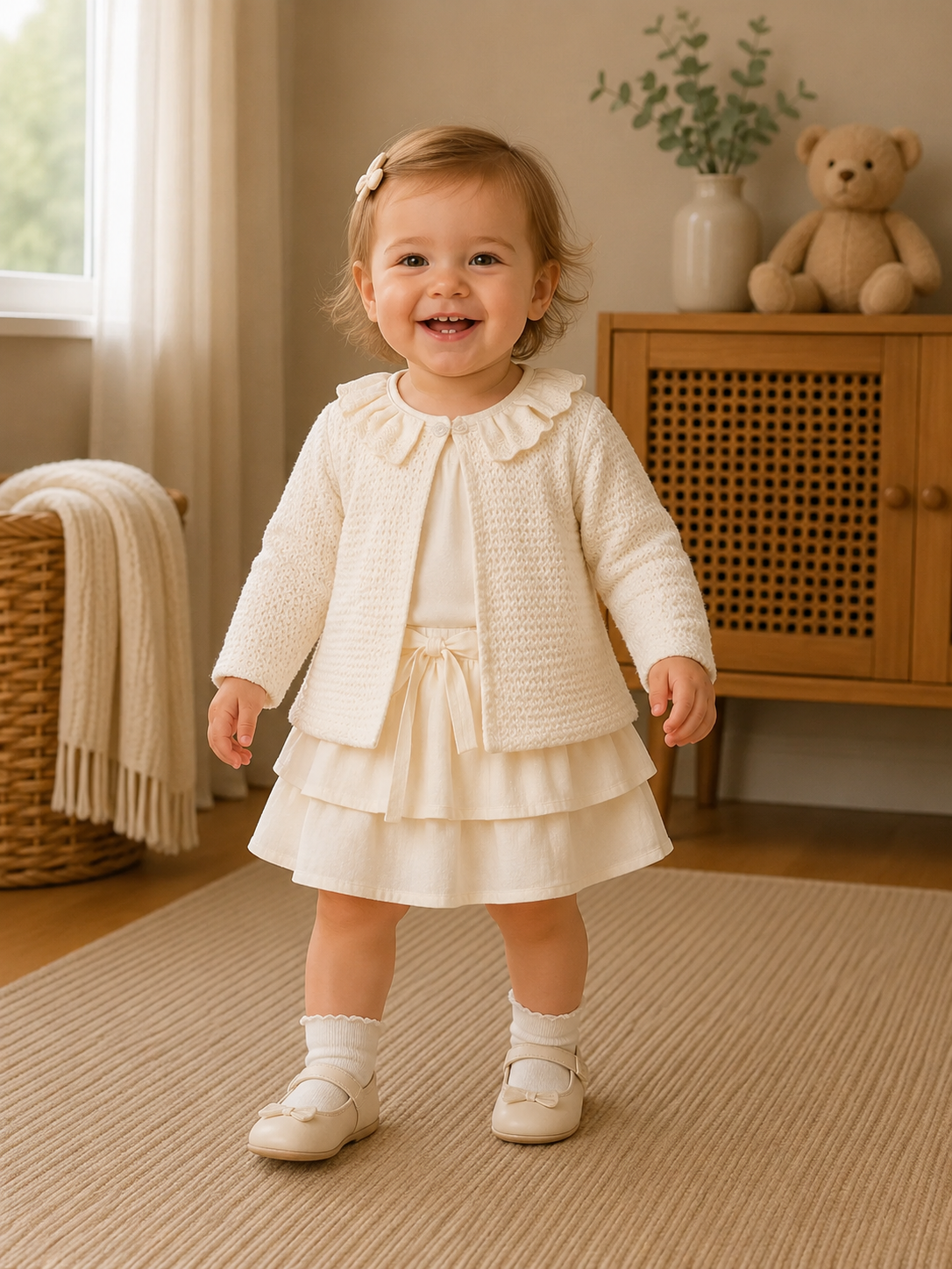 Mädchen Set – Rüschenrock & Jacke in Creme mit verspieltem Kragen