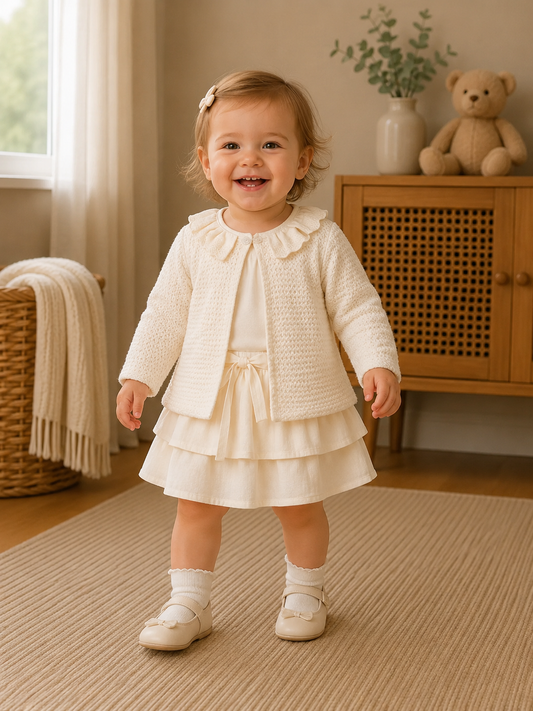 Mädchen Set – Rüschenrock & Jacke in Creme mit verspieltem Kragen