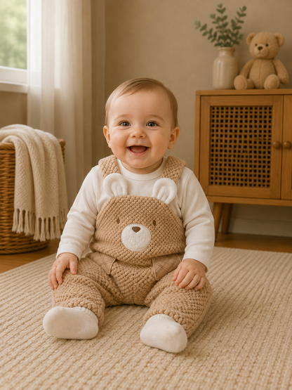2-teiliges Babyset mit Latzhose & Bärenmotiv – Beige & Weiß