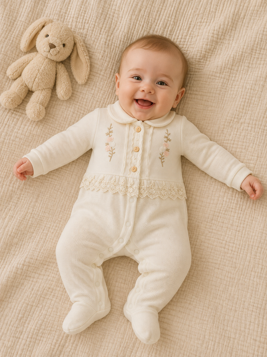 Elegance Strampler – Cremefarbenes Baby Outfit mit Stickerei & Spitze