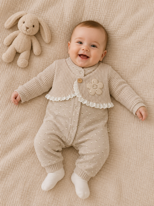 Einteiliger Baby Strampler mit angenähter Waffelweste & Blümchen-Applikation – Beige