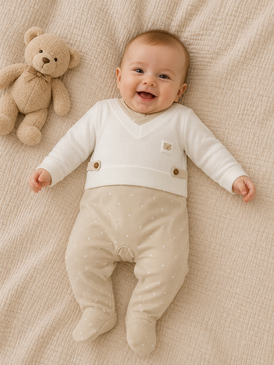 Baby Strampler mit Strickoptik & Pünktchen – Beige/Weiß