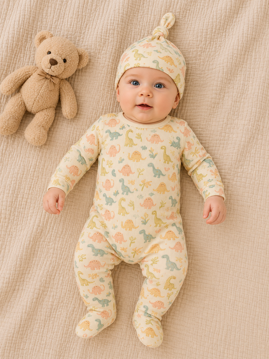 Baby Strampler mit Dino-Motiv & Mütze – Langarm, 100% Baumwolle