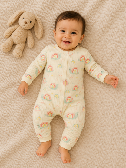 Baby Strampler mit Regenbogen & Schnecken-Motiv – Langarm, 100% Baumwolle