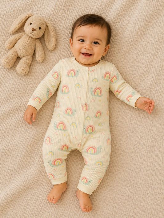 Baby Strampler mit Regenbogen & Schnecken-Motiv – Langarm, 100% Baumwolle