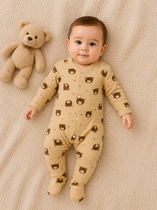 Baby Strampler mit Bärenmuster – Langarm, Beige, weiche Baumwolle, Fußteil