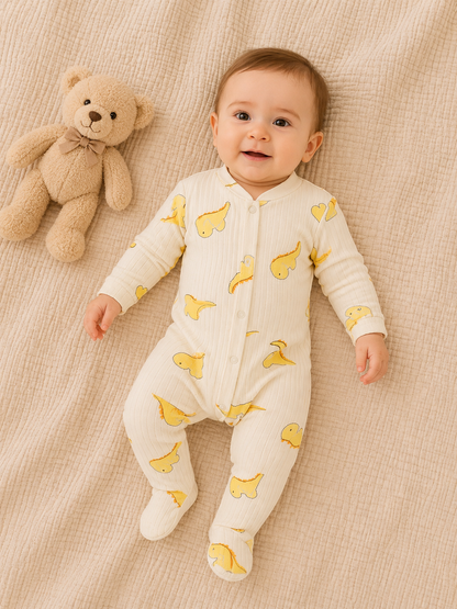 Baby Strampler mit Dinosaurier-Motiv – Cremefarben, Langarm, Baumwolle, mit Fußteil