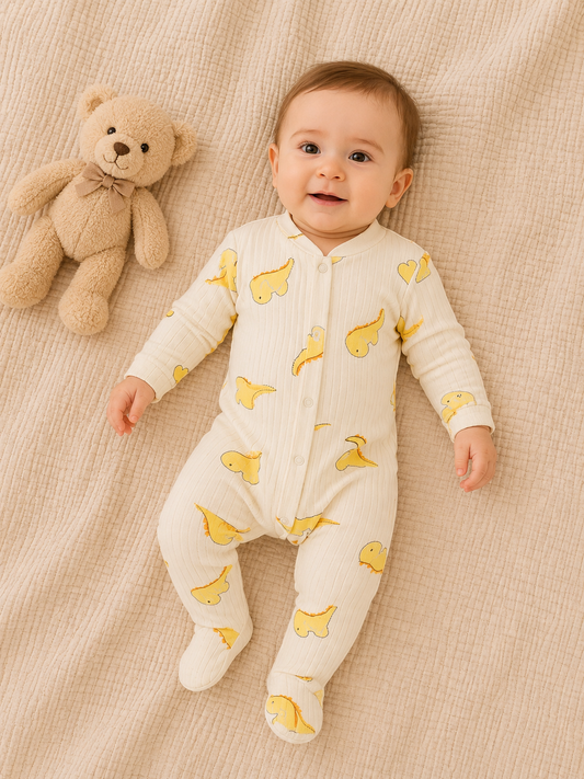 Baby Strampler mit Dinosaurier-Motiv – Cremefarben, Langarm, Baumwolle, mit Fußteil